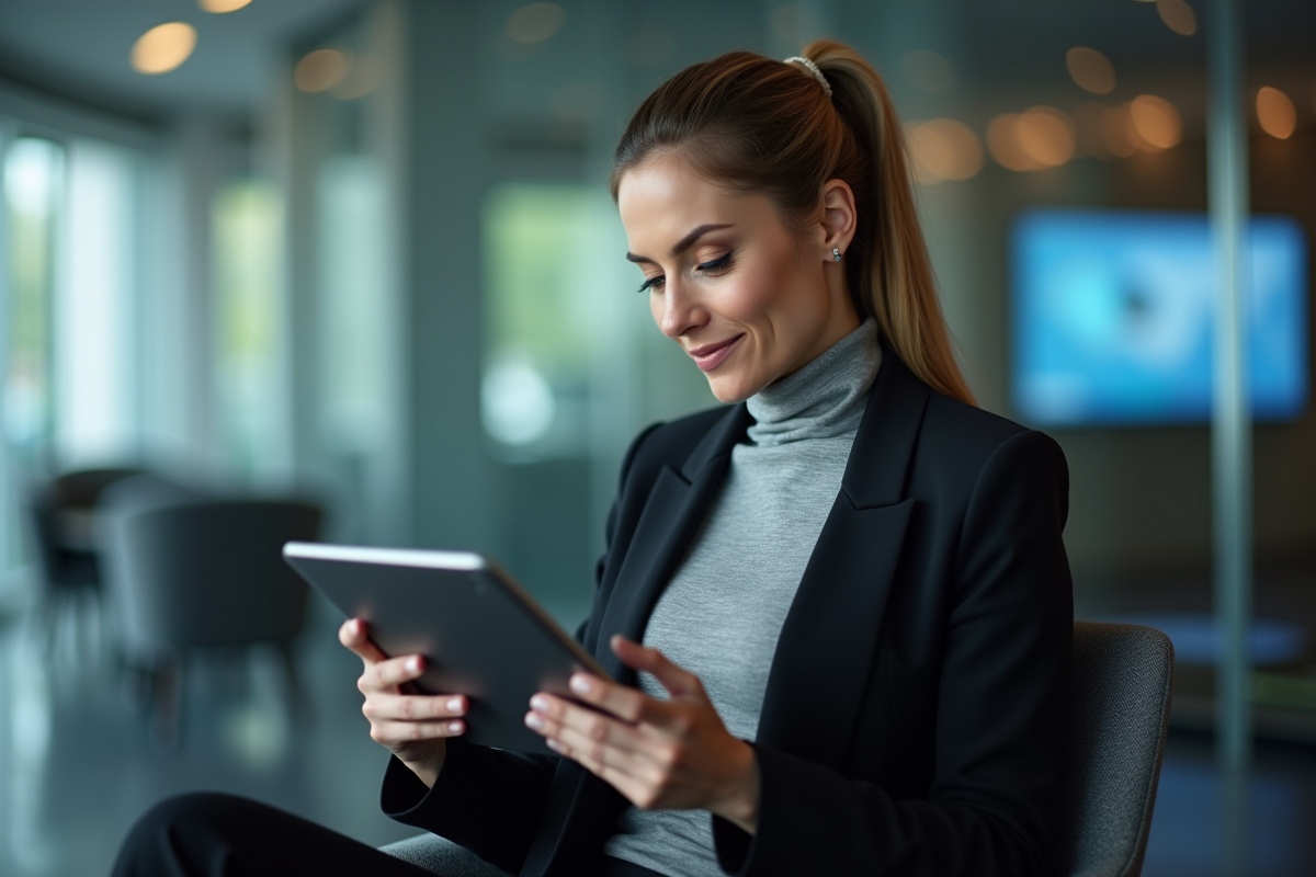 Femme professionnelle utilisant une tablette dans un espace moderne