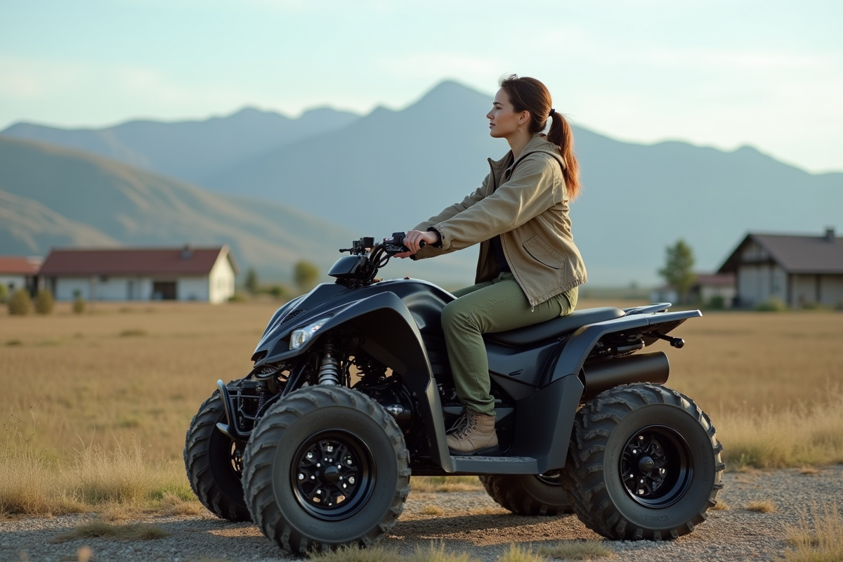 Femme assise sur un quad dans un champ rural avec montagnes
