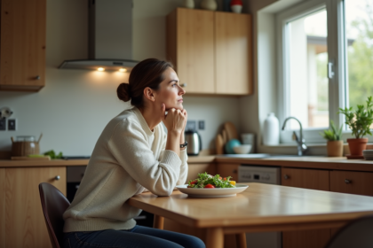 Femme réfléchissant à sa salade dans la cuisine moderne