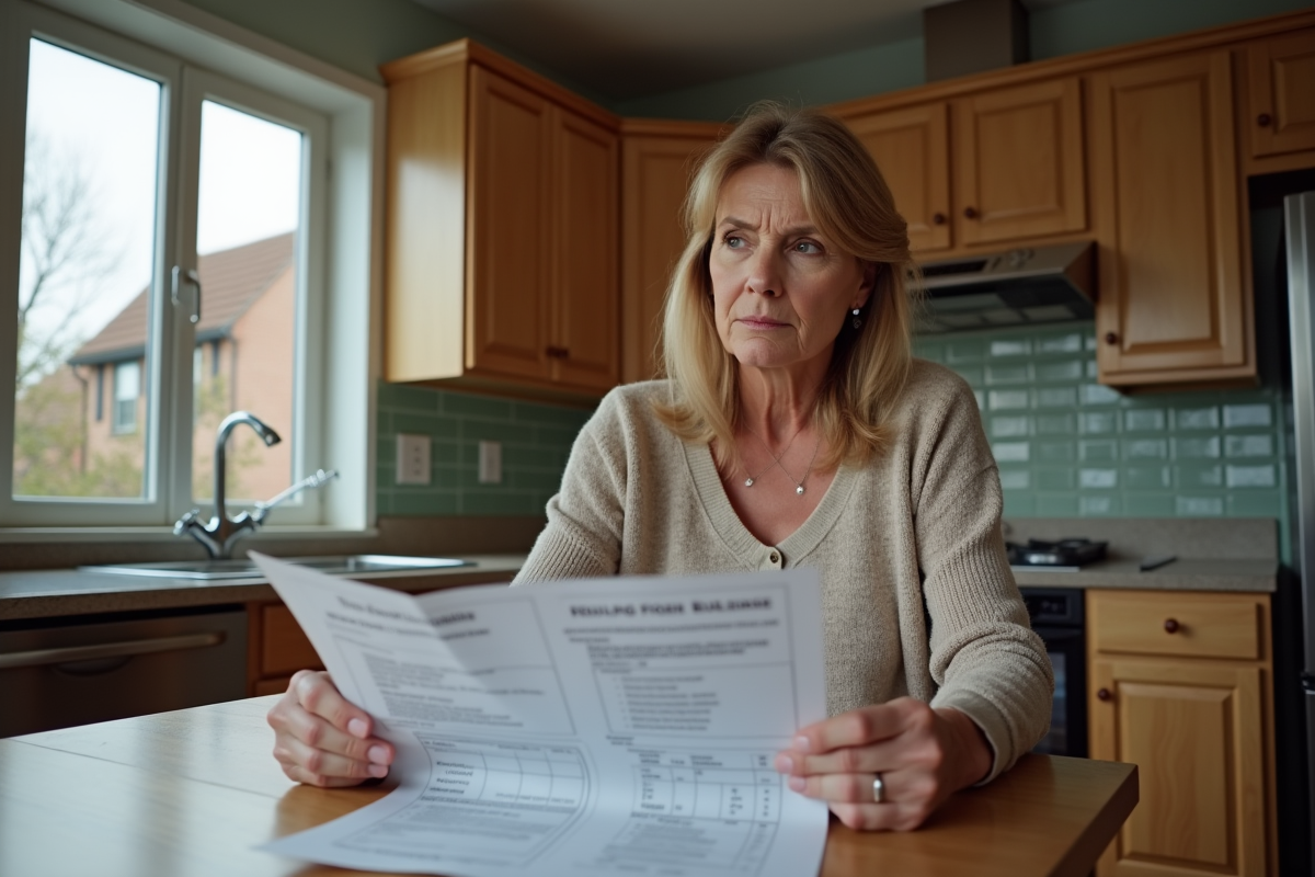 Femme inquiète examinant des factures de rénovation dans sa cuisine
