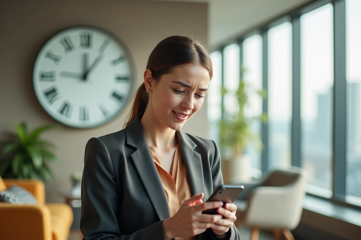 Jeune femme surprise vérifiant son smartphone en bureau moderne