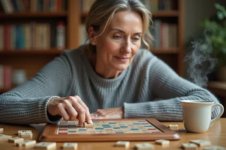 Femme jouant au Scrabble en vérifiant un mot avec W et Z sur un plateau en bois à la maison