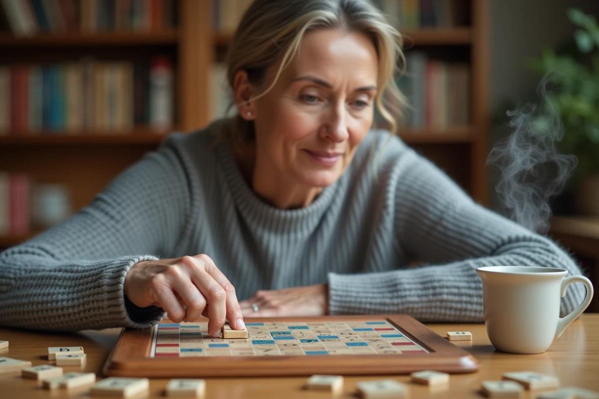 Femme jouant au Scrabble en vérifiant un mot avec W et Z sur un plateau en bois à la maison