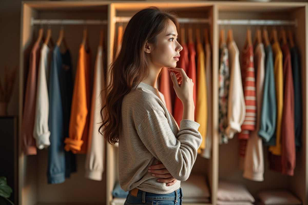 Jeune femme choisissant ses vêtements dans son dressing coloré