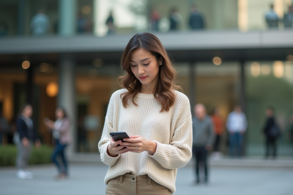 Jeune femme avec smartphone devant espace de coworking urbain