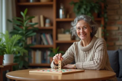 Femme souriante jouant au Scrabble dans un salon chaleureux