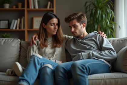 Femme aidante avec adolescent en détresse dans un salon