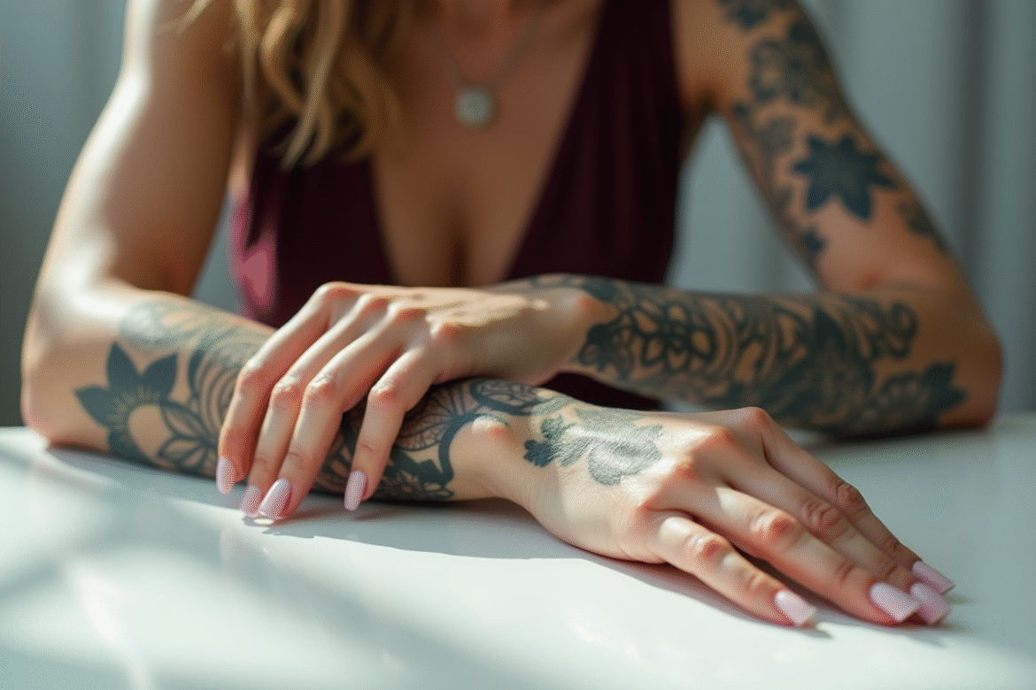 Femme célèbre en studio lumineux avec tatouages visibles