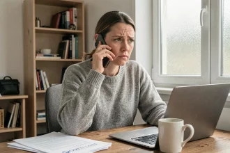 Femme au téléphone avec un conseiller Pôle emploi depuis son bureau à domicile
