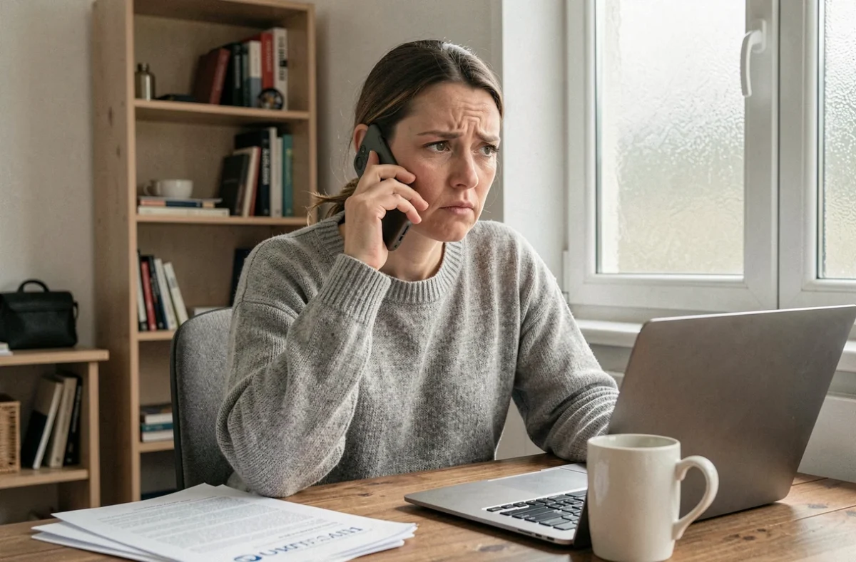 Femme au téléphone avec un conseiller Pôle emploi depuis son bureau à domicile