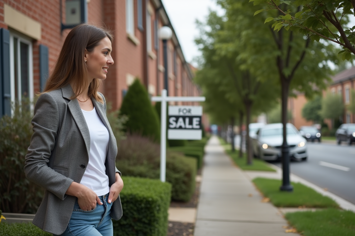 Jeune femme regardant une pancarte à vendre devant une maison