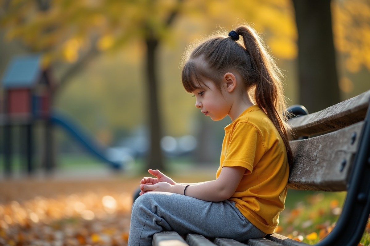 Fille de 8 ans assise sur un banc en automne