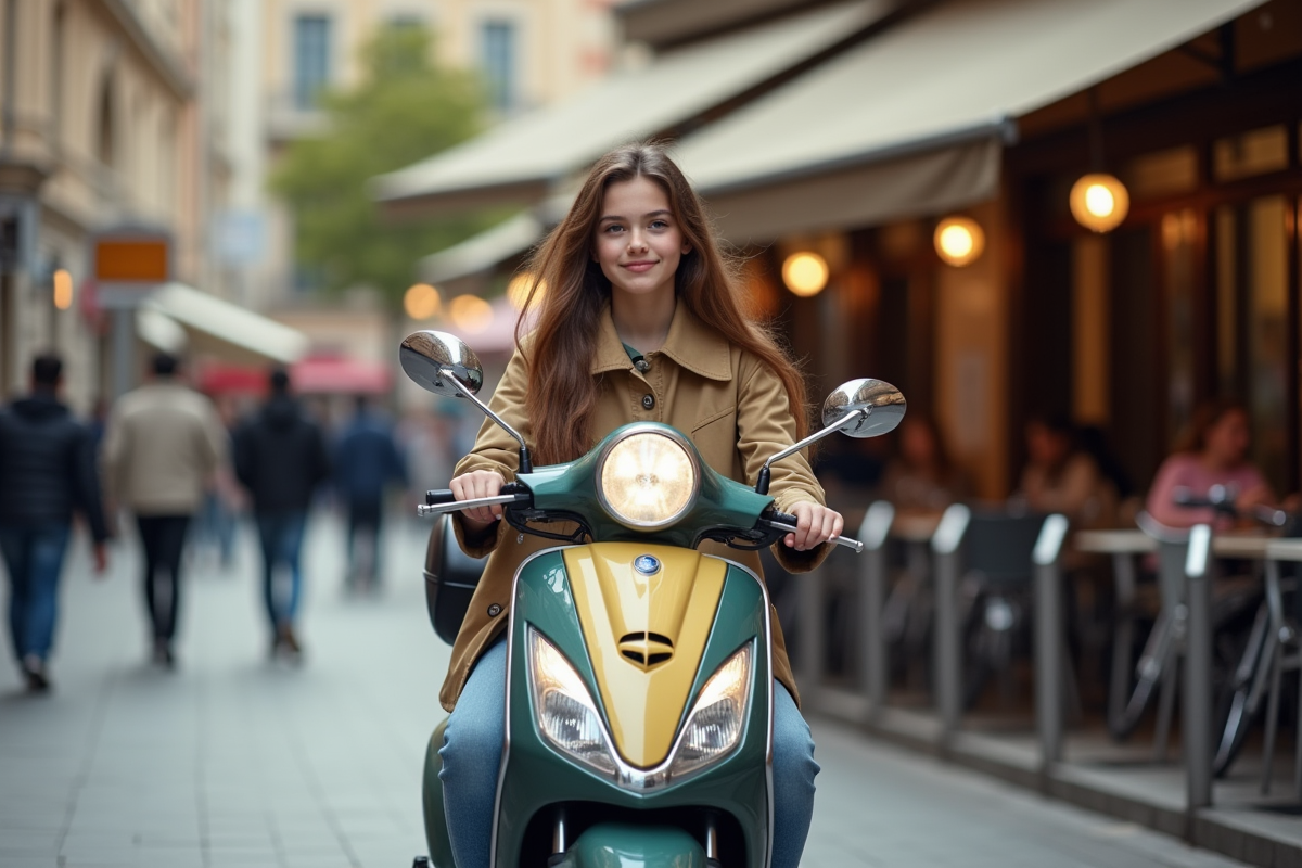 Fille avec scooter devant un café animé en ville