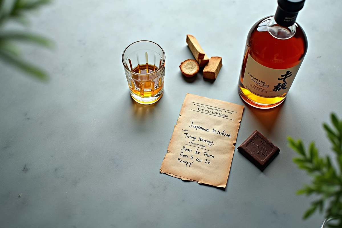 Flat lay éditorial d'une dégustation de whisky Akashi avec verre Glencairn, notes de dégustation et chocolat noir sur ardoise grise