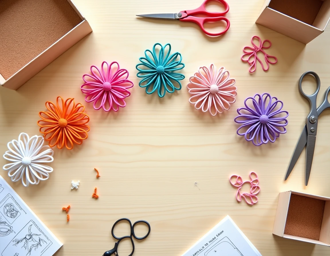 Vue à plat de fleurs en scoubidou terminées avec fils colorés, ciseaux de sécurité et fiche d'instructions pour atelier enfants