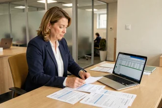 Fonctionnaire territoriale comparant des grilles salariales sur son bureau dans un service administratif public