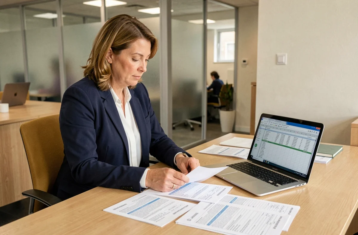 Fonctionnaire territoriale comparant des grilles salariales sur son bureau dans un service administratif public