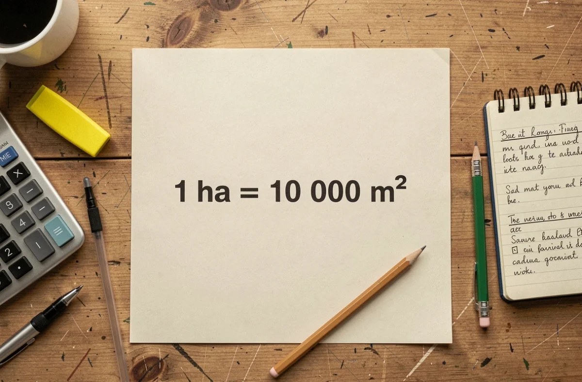 Vue du dessus d'un bureau avec la formule de conversion hectares en mètres carrés imprimée, une calculatrice et des notes manuscrites