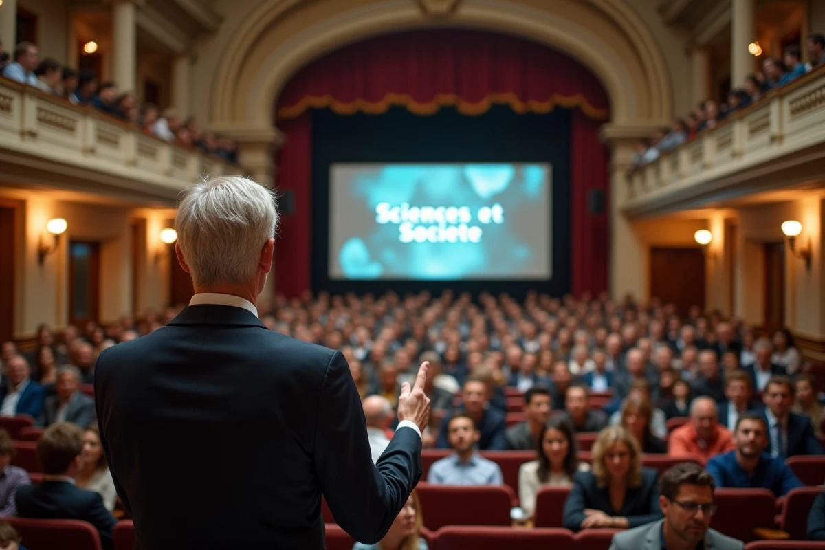 Forum sciences et société dans un amphithéâtre historique français avec un conférencier et un public d'académiciens et d'étudiants