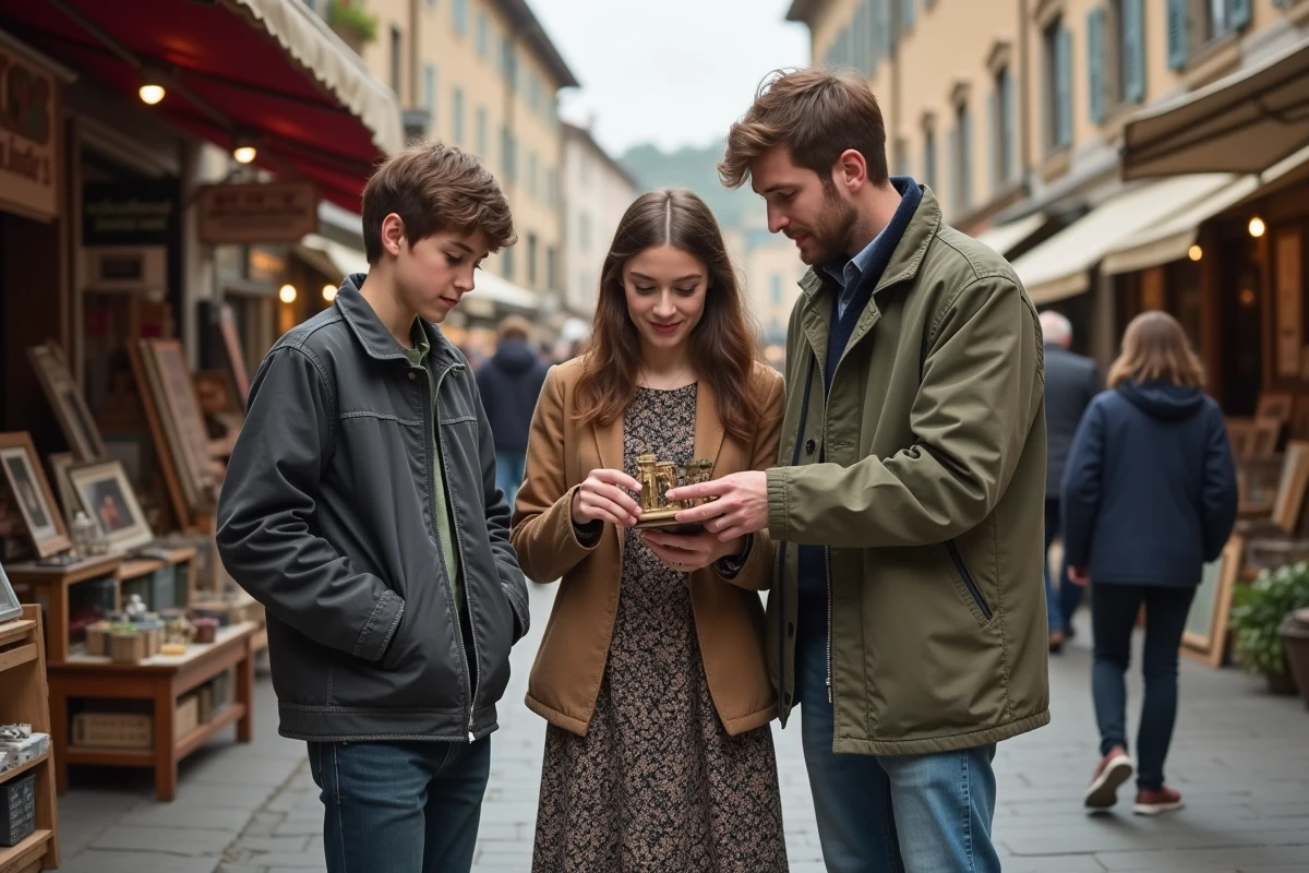 Freres et sœurs examinant un objet vintage lors d