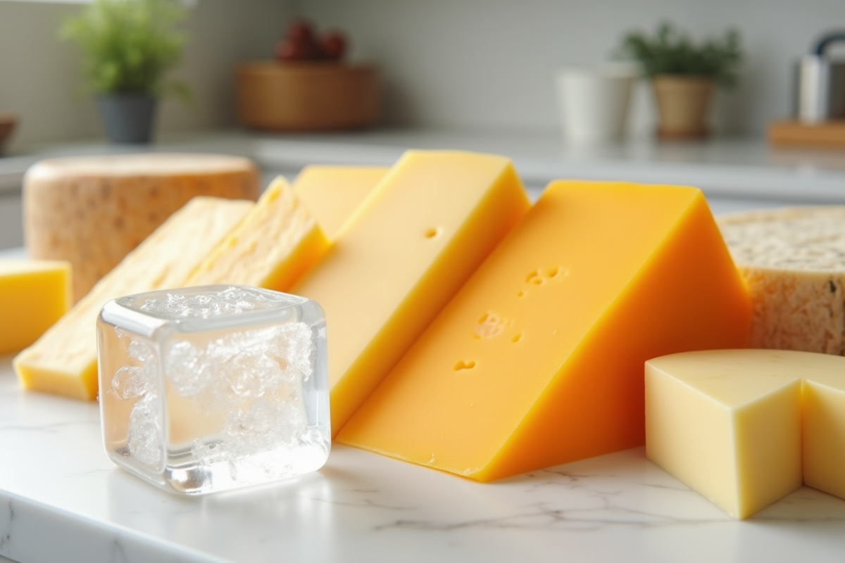 Gros plan sur fromages frais et congelés dans des glaçons sur un plan de travail