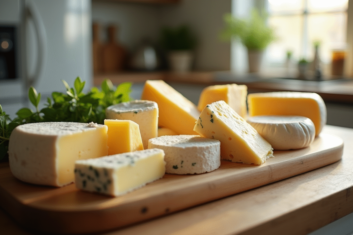 Assortiment de fromages sur un plateau en bois avec herbes fraîches