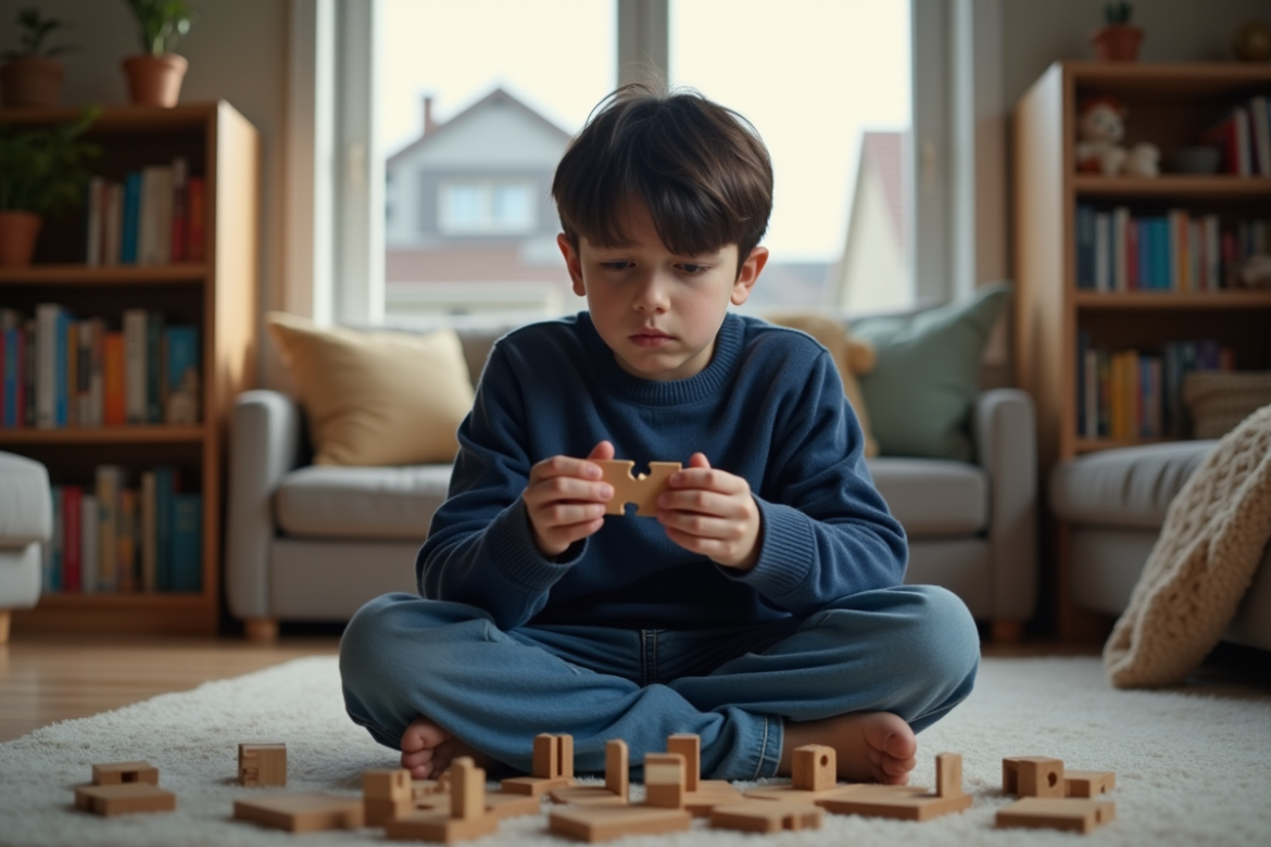 Garçon de 10 ans pensif avec puzzle en main