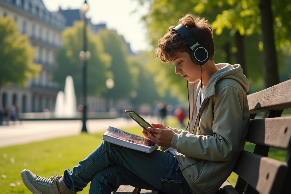 Adolescent regardant manga dans un parc ensoleille