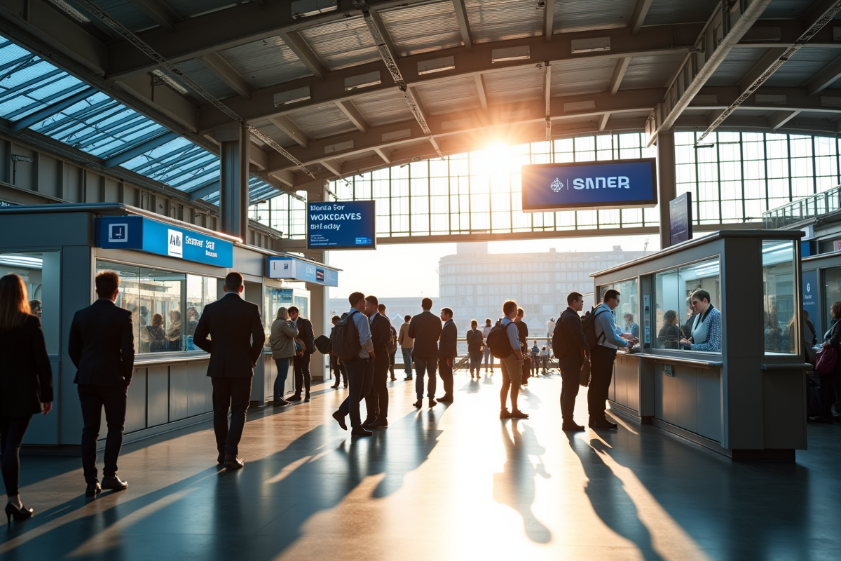 Gare SNCF animée avec agents et panneaux d information