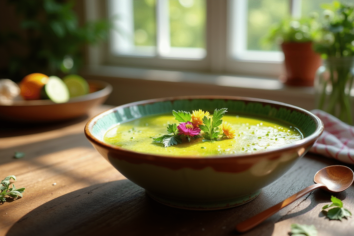 Vibrant gazpacho de courgette dans un bol rustique
