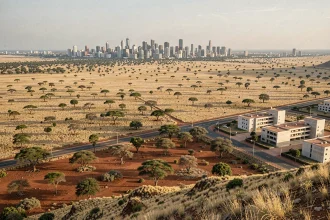 Paysage africain montrant la transition entre savane et skyline urbaine symbolisant l'étendue des grands pays d'Afrique