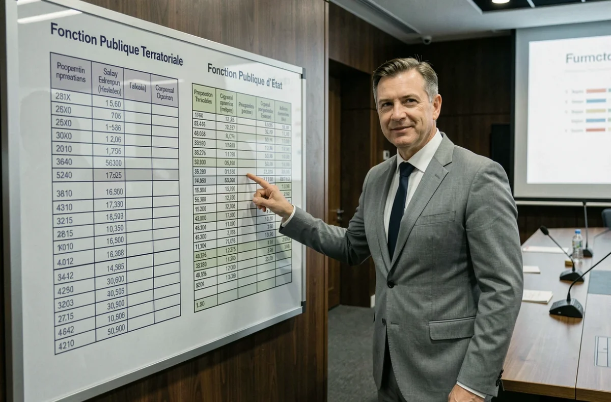 Cadre de la fonction publique d'État présentant une comparaison de grilles indiciaires en salle de formation ministérielle