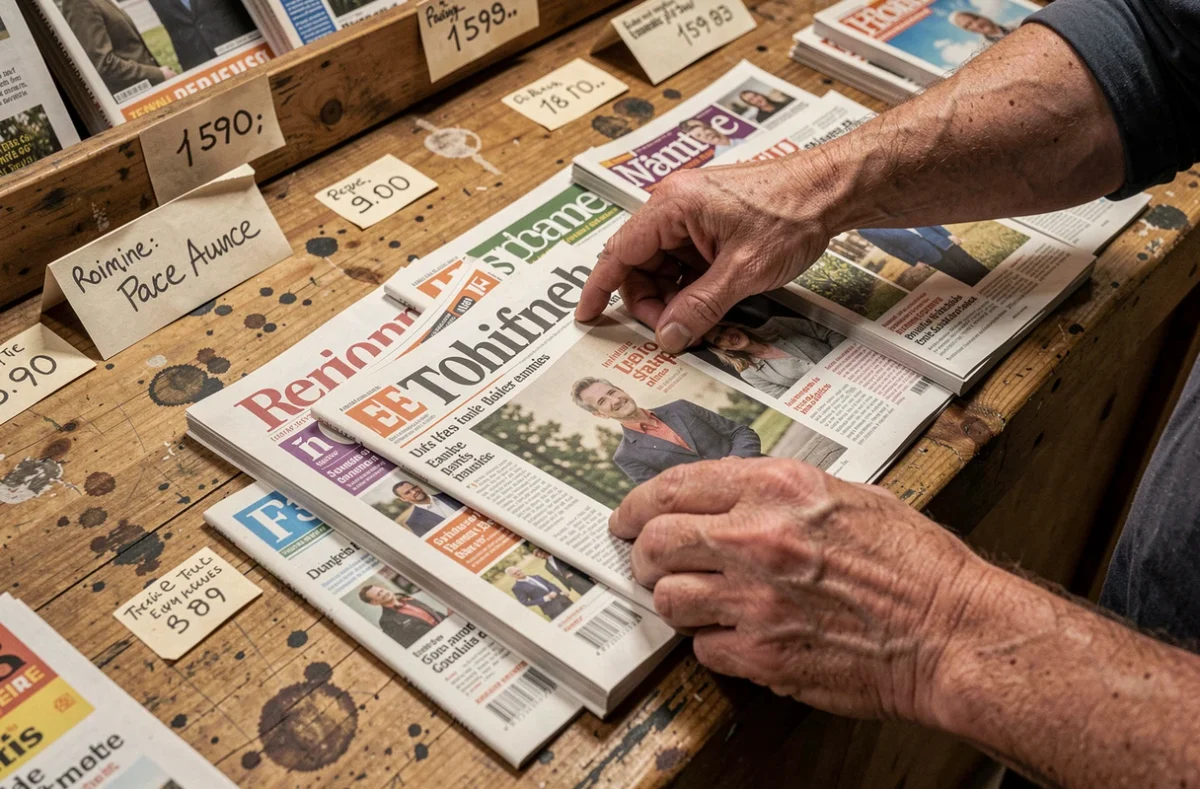 Gros plan de magazines disposés sur le comptoir d'un kiosque avec les mains d'un vendeur qui les organise