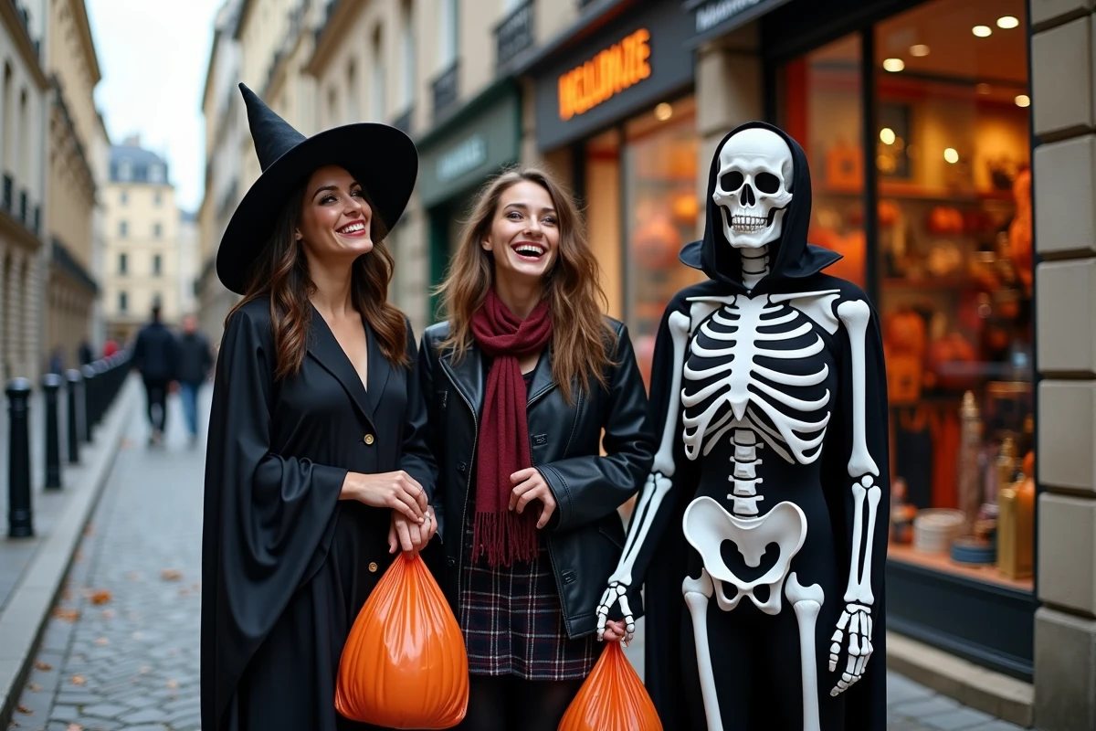 Groupe d'amis déguisés pour Halloween devant une boutique de costumes parisienne