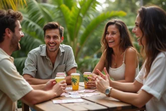 Groupe d'amis jouant à la règle des palmiers autour d'une table en bois dans un jardin tropical