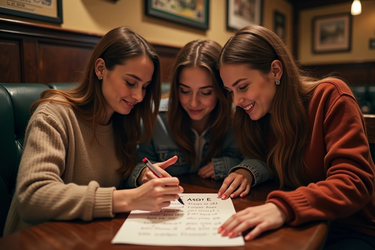 Groupe d'amis répondant ensemble à un quiz autour d'une table avec une capitale E sur la feuille