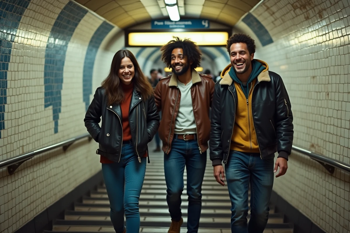 Groupe d'amis descendant l'escalier d'une station de métro parisienne la nuit, ambiance festive et sortie nocturne à Paris