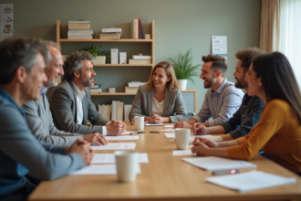 Groupe de personnes discutant dans une salle communautaire
