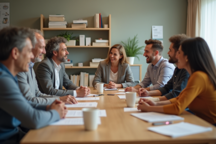 Groupe de personnes discutant dans une salle communautaire