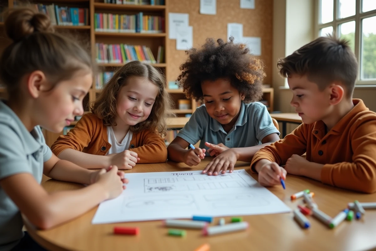 Groupe d'élèves de CM2 travaillant ensemble sur une charte de classe dans une bibliothèque scolaire pour leur projet de délégué