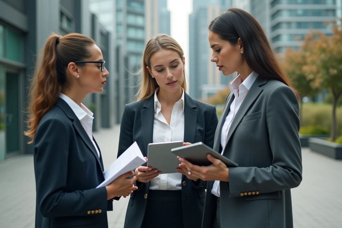 Groupe de professionnels discutant devant un bâtiment moderne