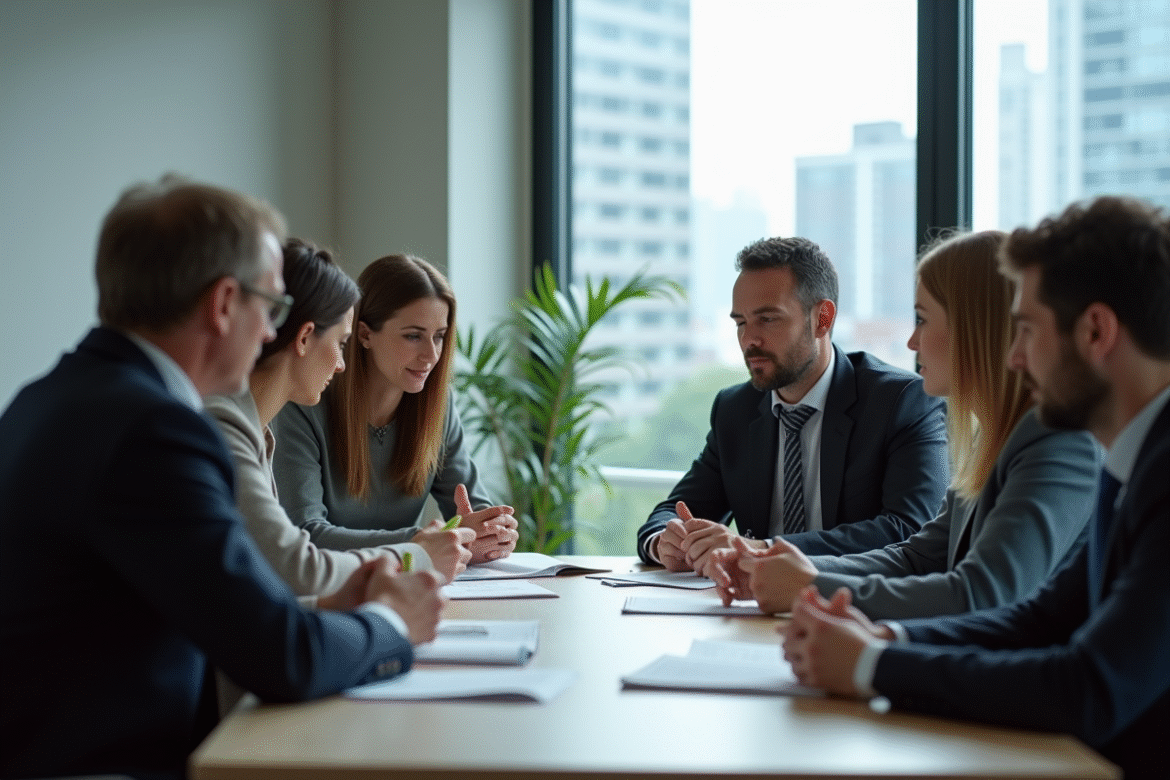 Groupe de professionnels en réunion de formation
