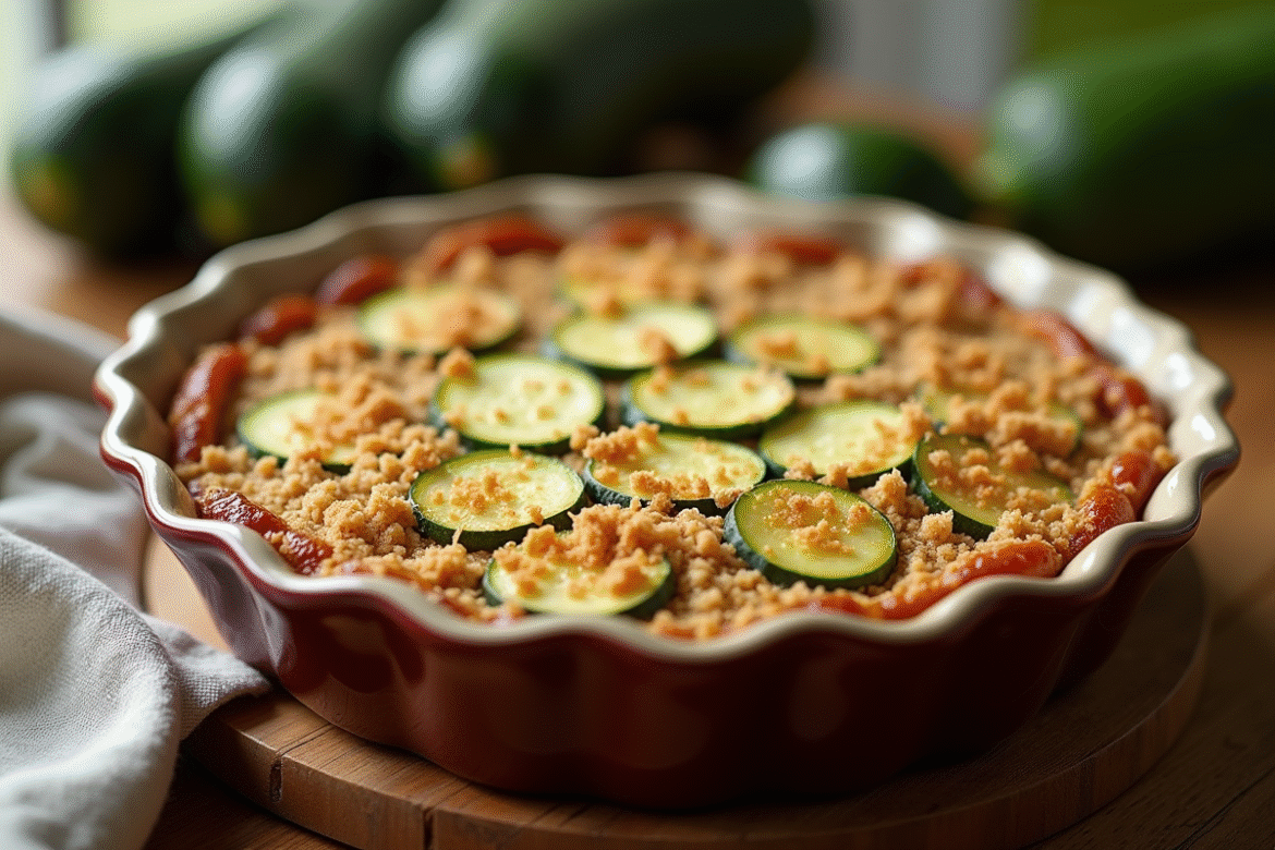 Gâteau zucchini crumble dans un plat rustique sur une table en bois