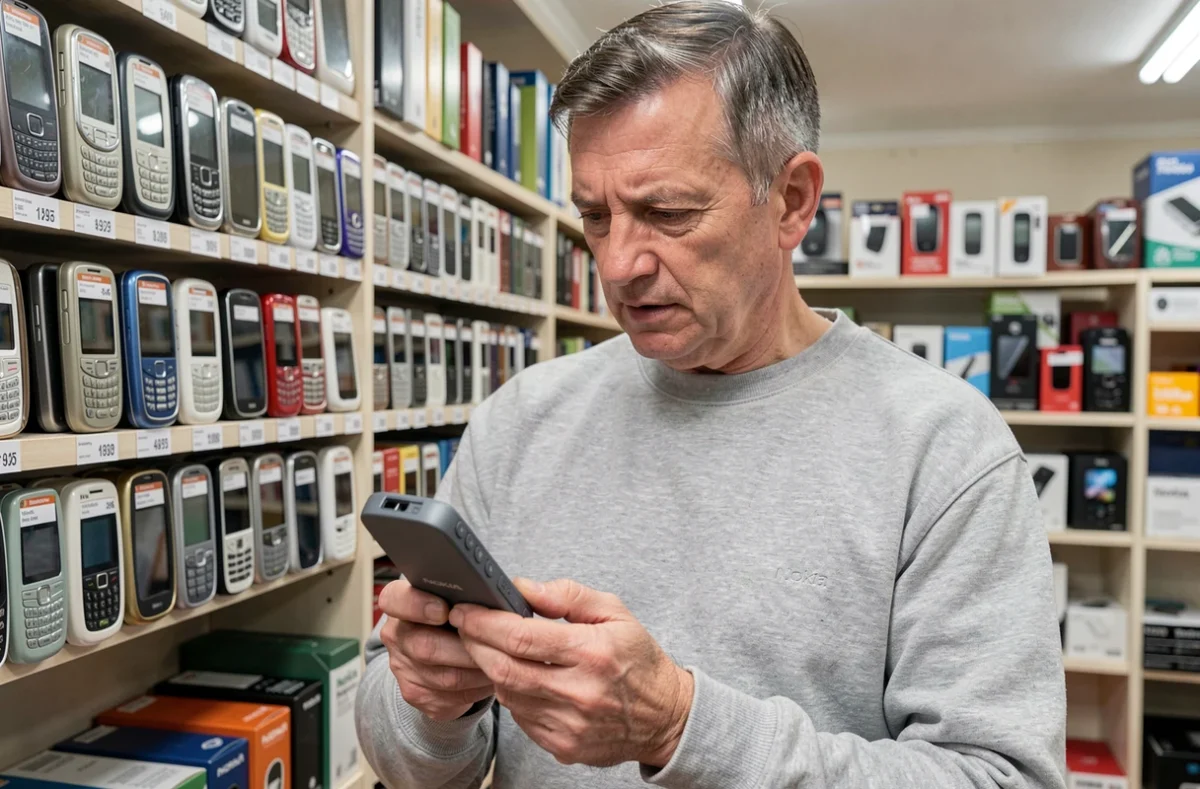 Homme tenant un ancien téléphone Nokia dans une boutique de revente de téléphones d'occasion