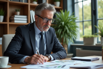 Homme d'affaires en costume examine des documents financiers