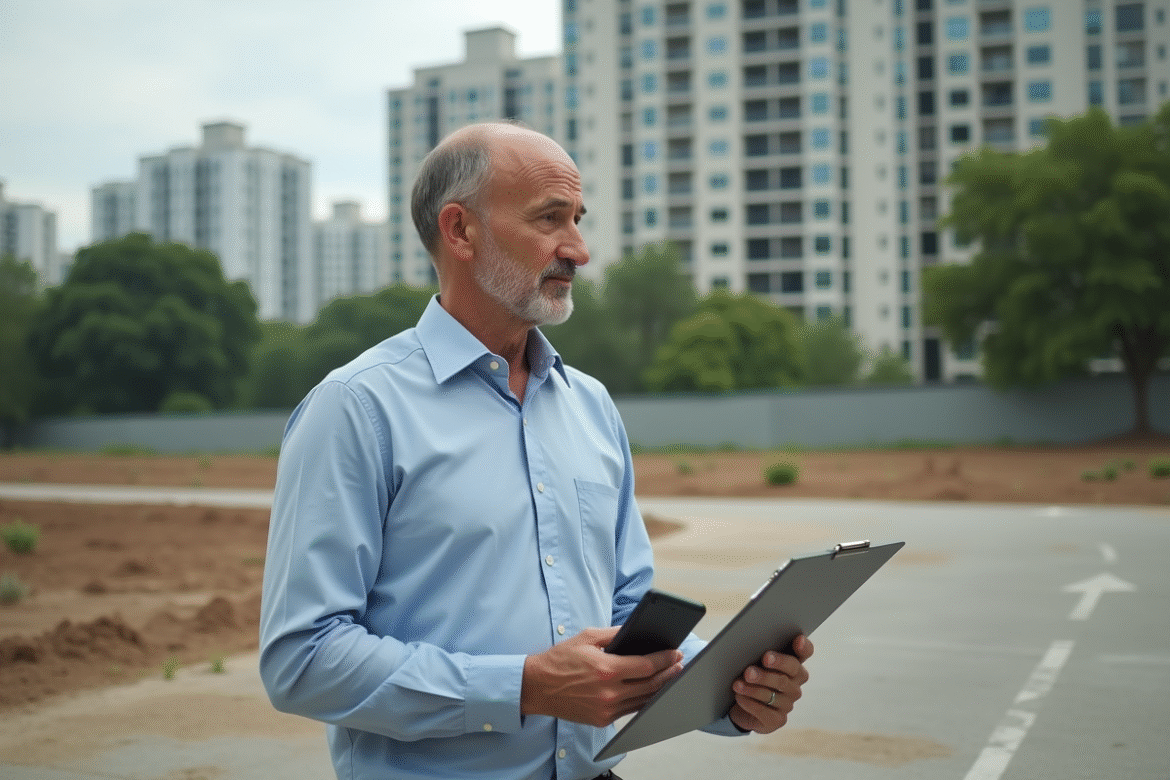 Homme d'affaires inspectant un terrain vacant en ville