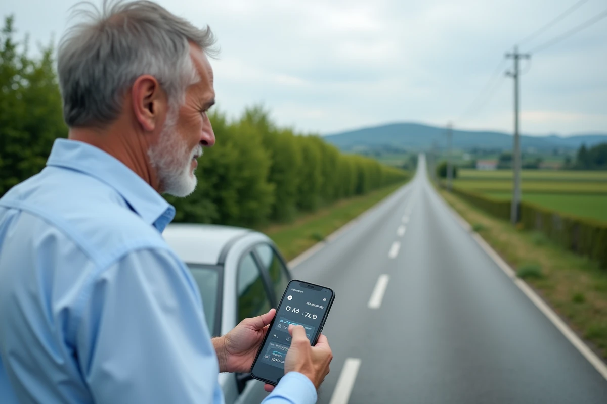 Homme consultant une application de conversion miles kilomètres sur smartphone au bord d'une route de campagne européenne