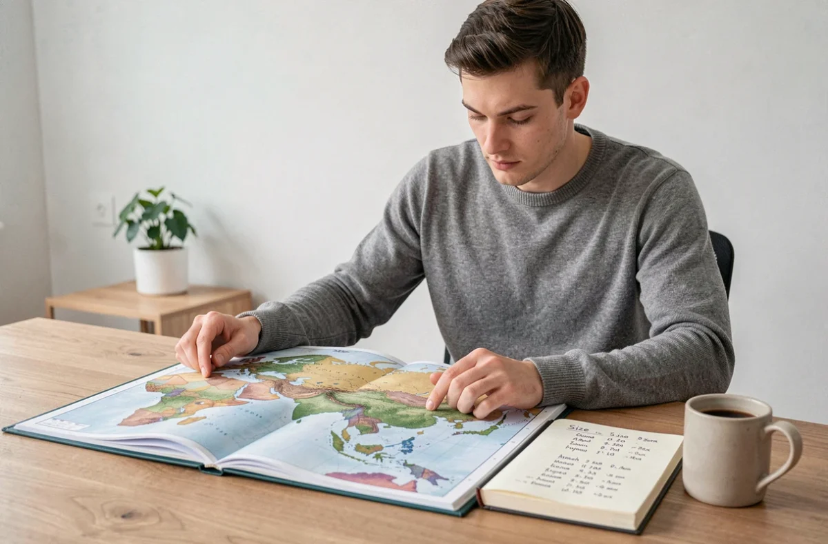 Jeune homme étudiant un atlas comparant les superficies de l'Asie et de l'Europe dans un bureau à domicile