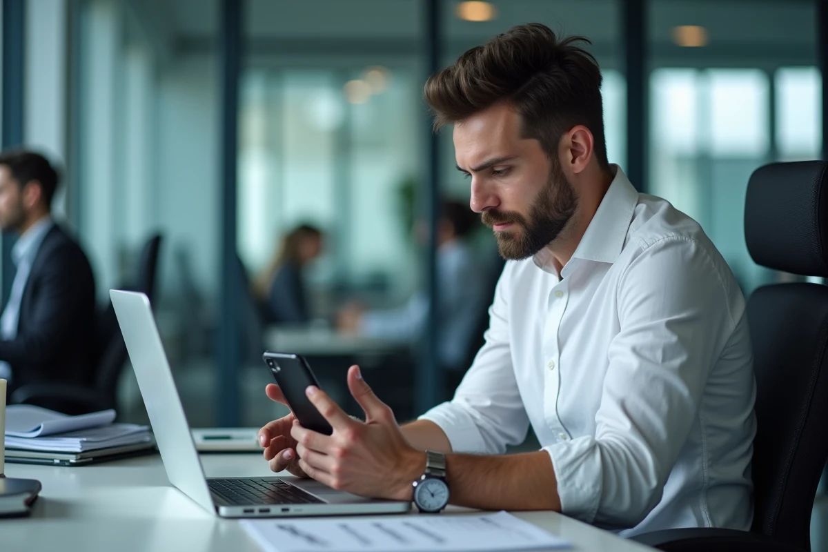 Homme en bureau recevant un appel inconnu suspect sur son téléphone portable au travail
