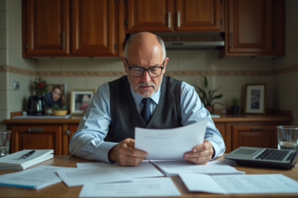 Homme d'âge moyen en costume regarde des factures à la maison